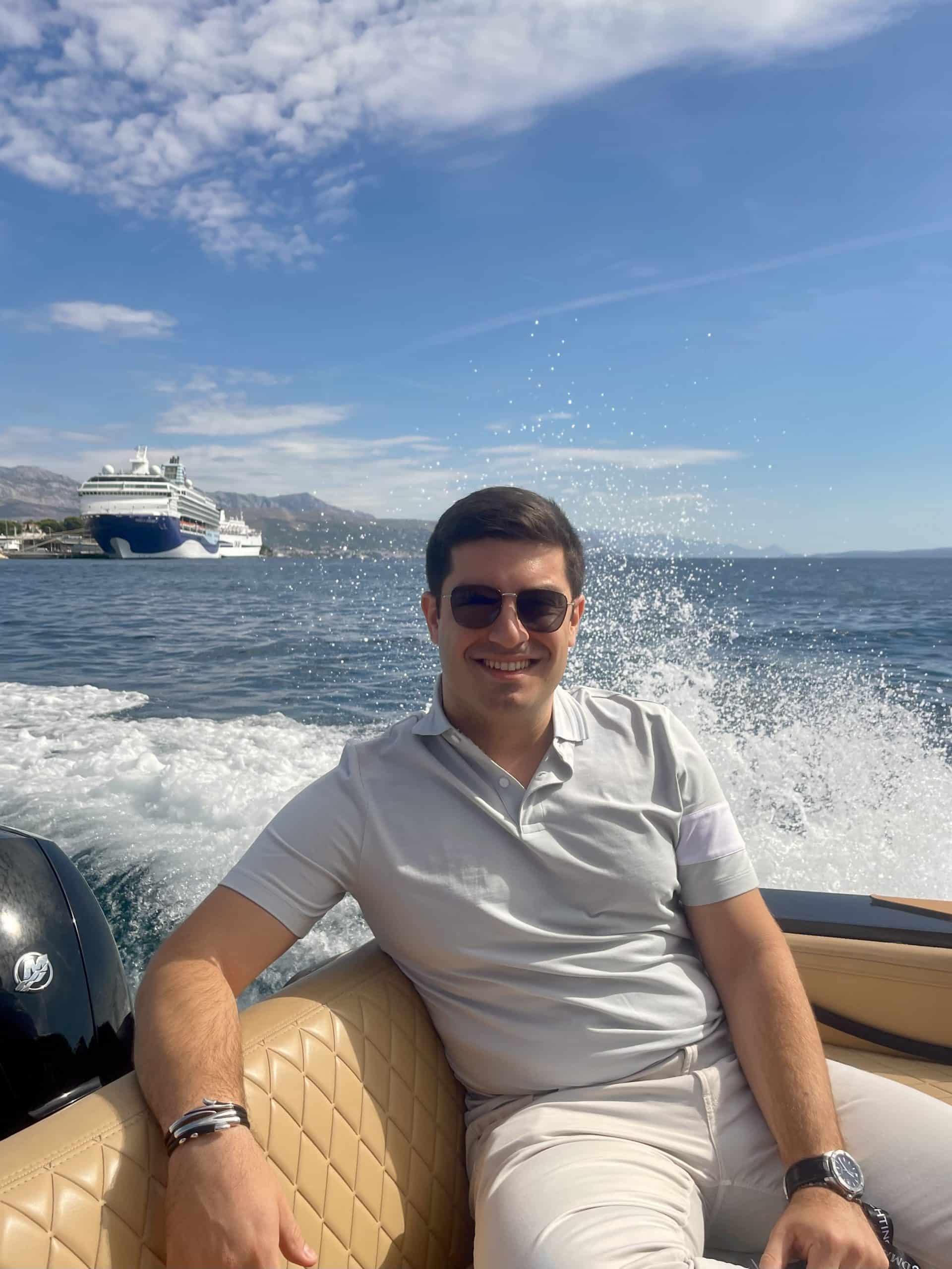 Yacht Charter Broker Leonidas Marousos on chase boat to see luxury yacht REPOSADO