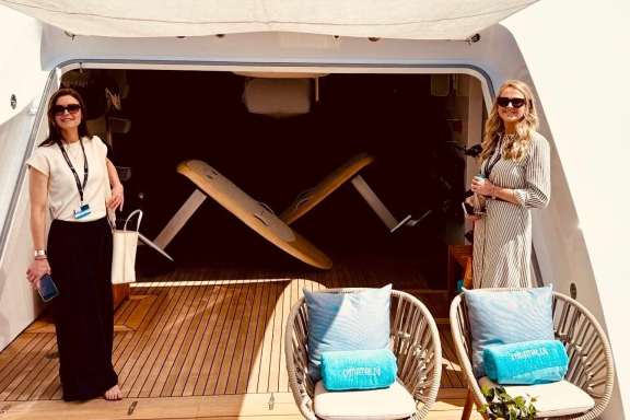 Yacht Charter Brokers Jessica Edmunds and Nadja Asmus on yacht beach deck